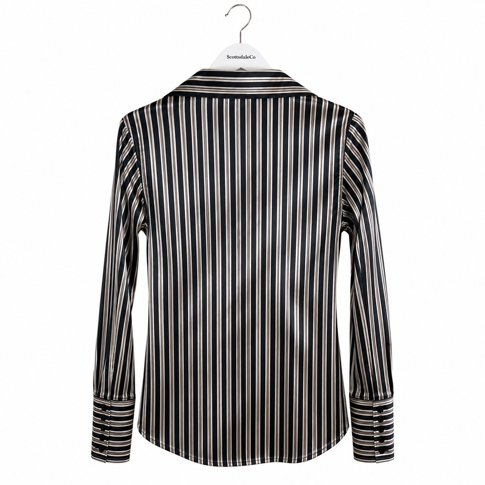 Zara Basic Striped Satin Stretch Button Down Shirt Womens S Black White Office - Picture 5 of 10
